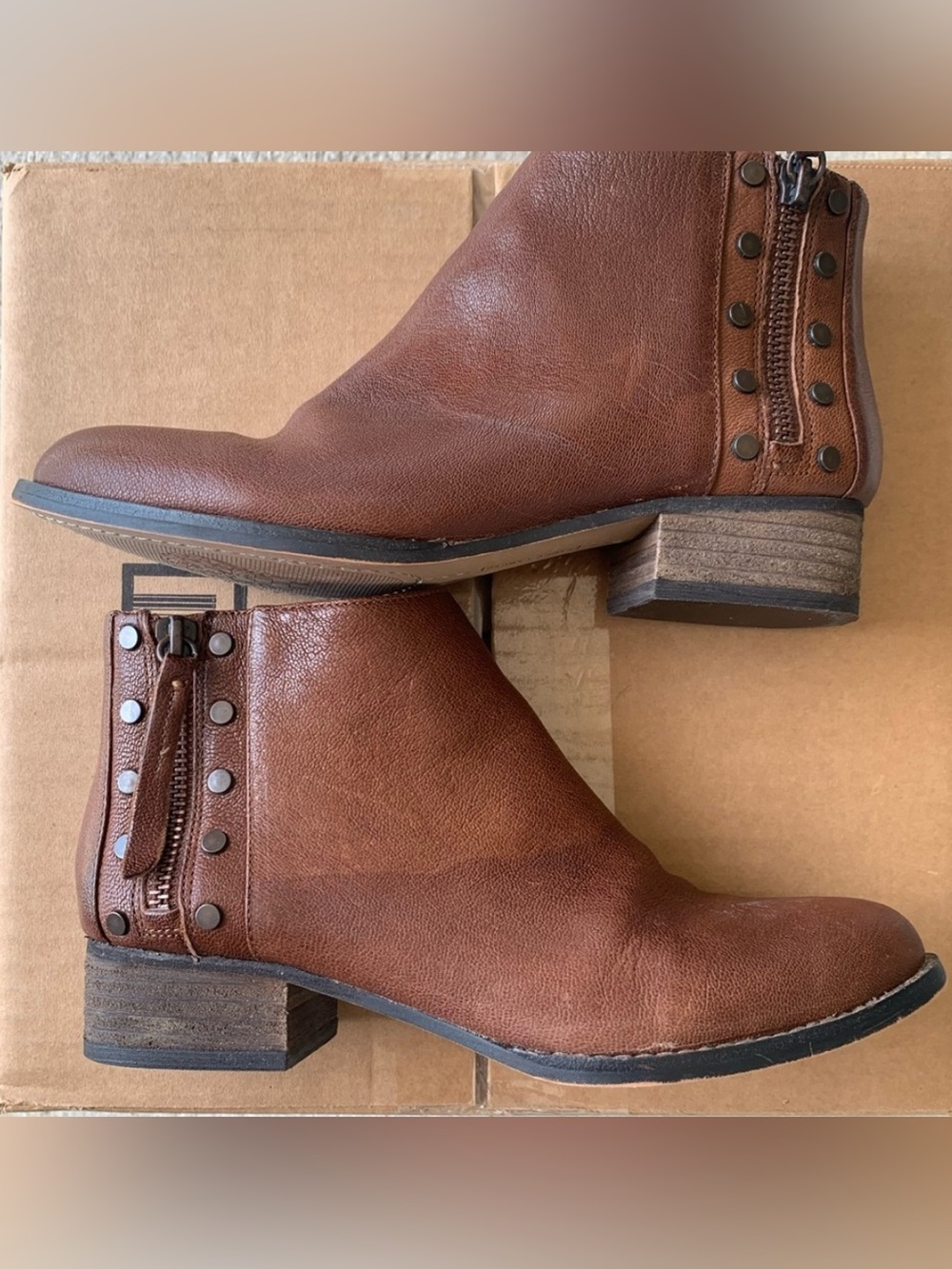 Vince Camuto Brown Double Zippered Studded Round Toe Leather Ankle Bootie